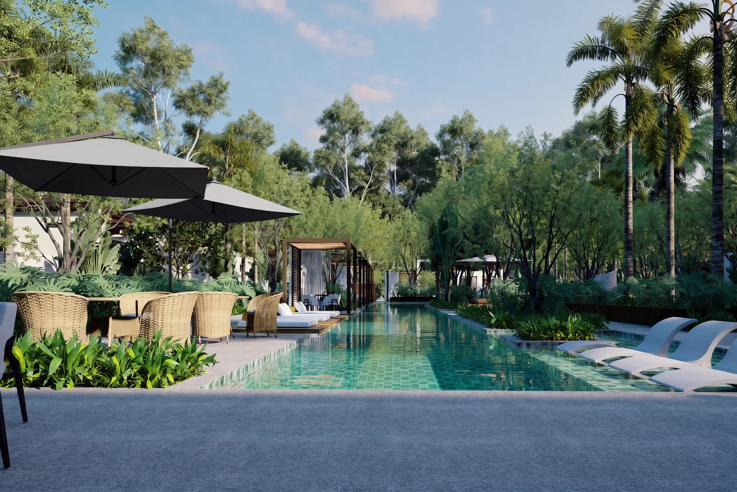 Long pool and parasols at The Oasis